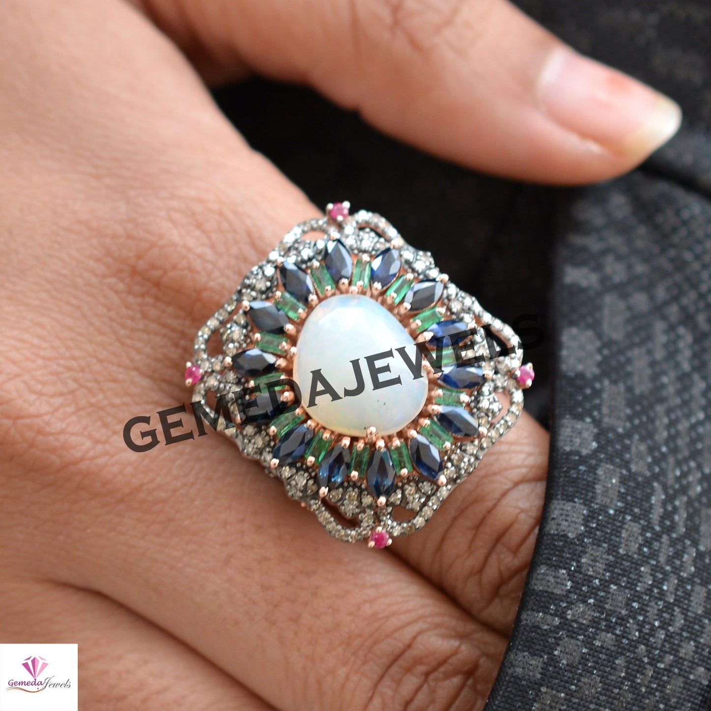 Genuine Opal Gemstone Ring, Sapphire Diamond Ring, Emerald Gemstone Jewelry, Pave Diamond Jewelry, Rose Gold Plated Ring, 925 Silver Jewelry
