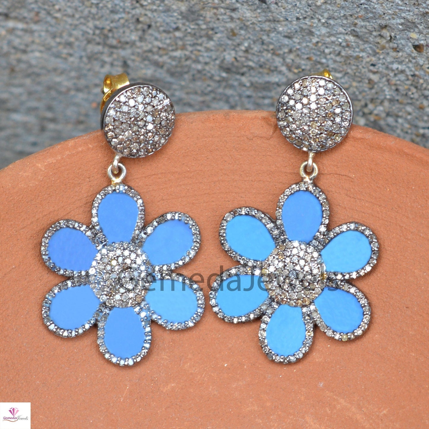 1.80cts Pave Diamond Earrings, 14k Gold Earring Jewelry, 925 Silver Earrings, Blue Enamel Earrings, Diamond Flower Earrings, Gift For Her