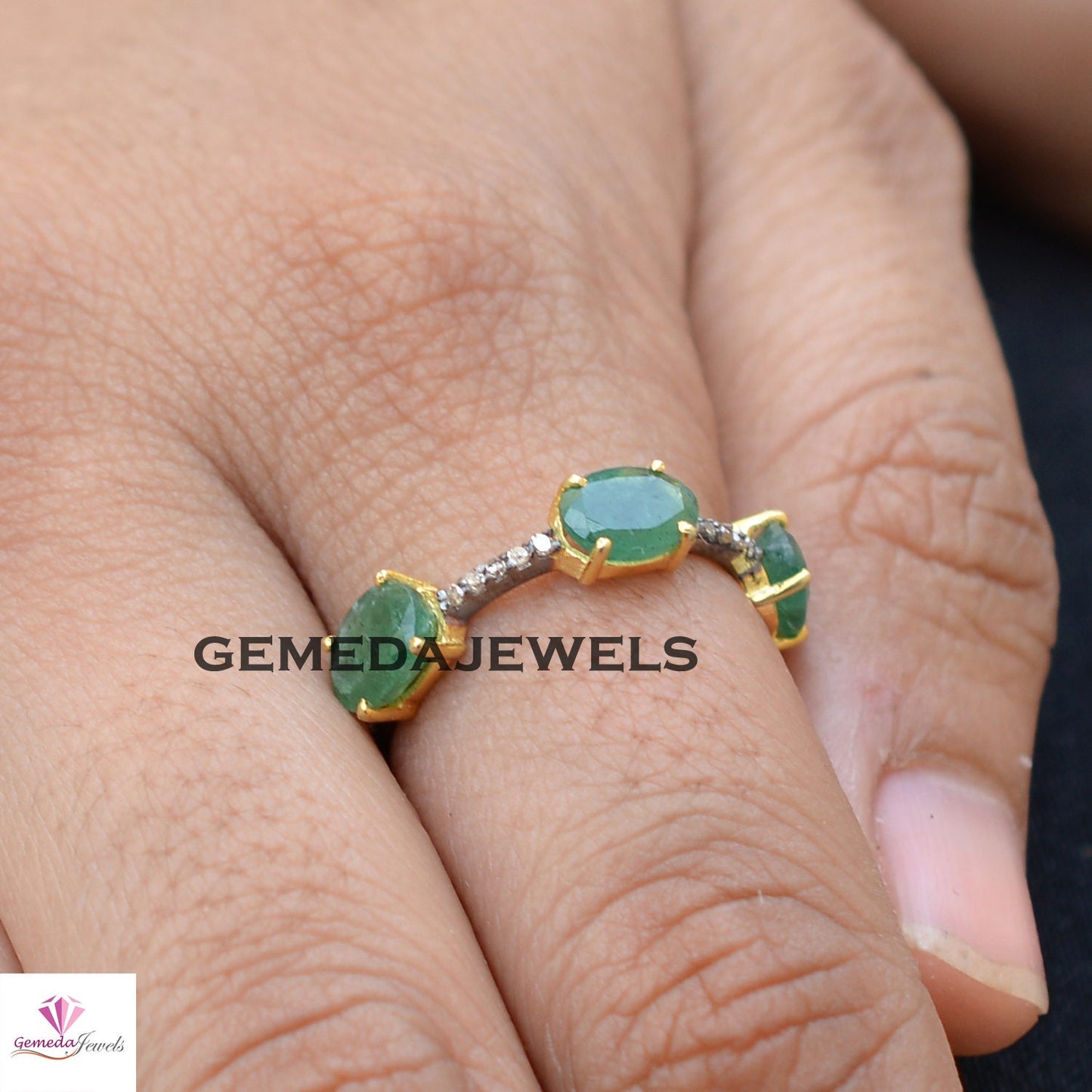 Emerald Band Ring, Pave Diamond Jewelry, Sterling Silver Ring, Gold Plated Ring, Gemstone Band Ring, 925 Silver Jewellery, Wedding Band Ring