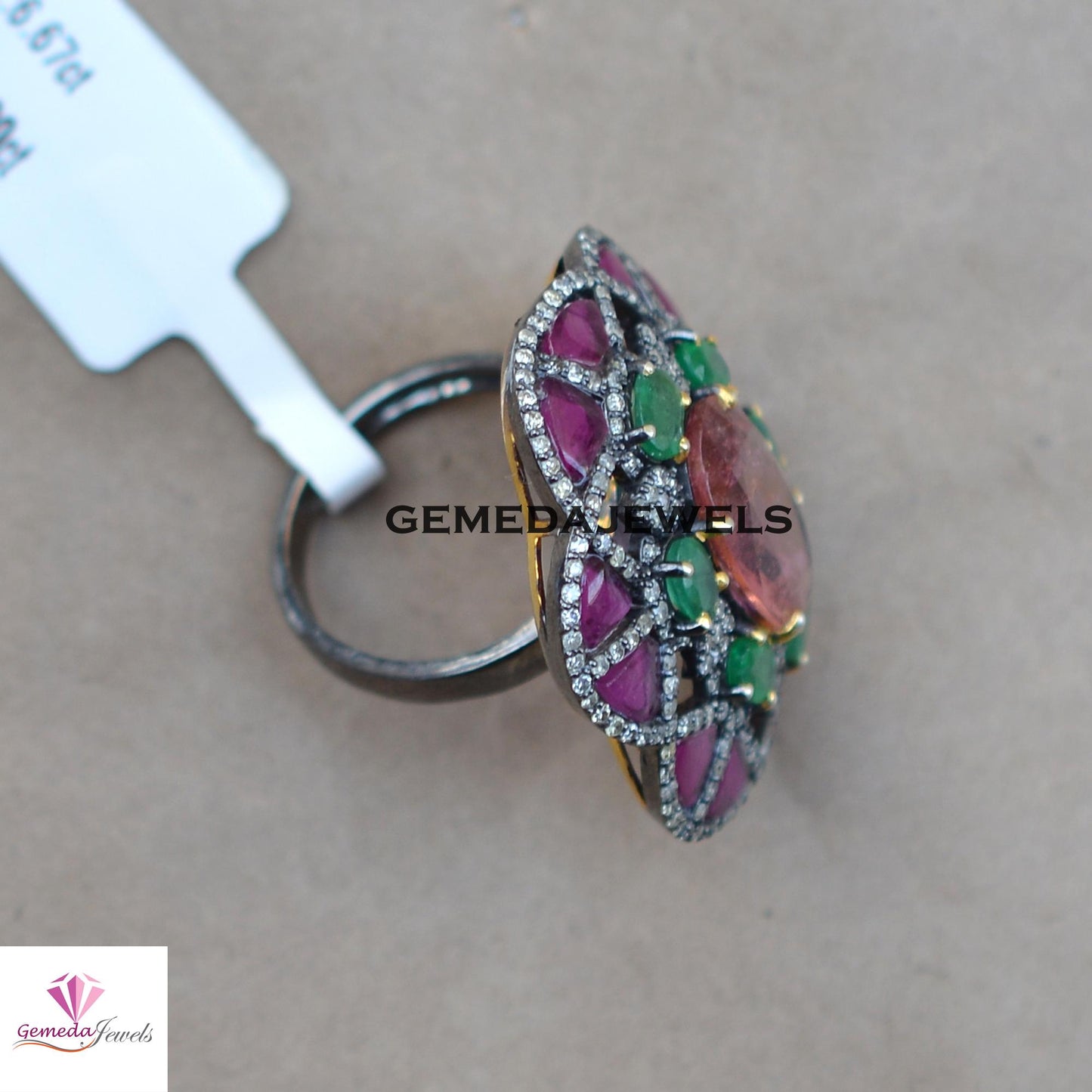 Gorgeous Pink Tourmaline Gemstone Ring, Pave Diamond Jewelry, Emerald 925 Silver Ring, Rhodium Plated Jewelry, Ruby Gemstone Flower Ring