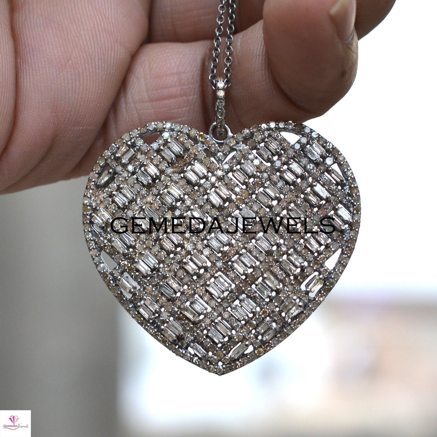 Diamond Heart Pendant, 925 Silver Jewelry, Pave Diamond Pendant, Silver Heart Pendant, Baguette Diamond Pendant, 16" Chain Necklace, Gifts