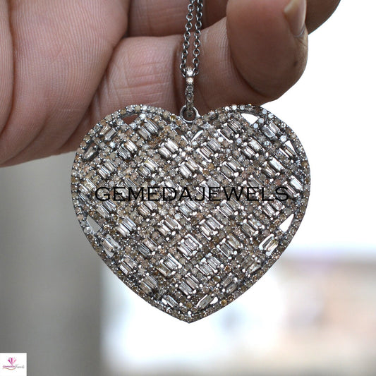 Diamond Heart Pendant, 925 Silver Jewelry, Pave Diamond Pendant, Silver Heart Pendant, Baguette Diamond Pendant, 16" Chain Necklace, Gifts