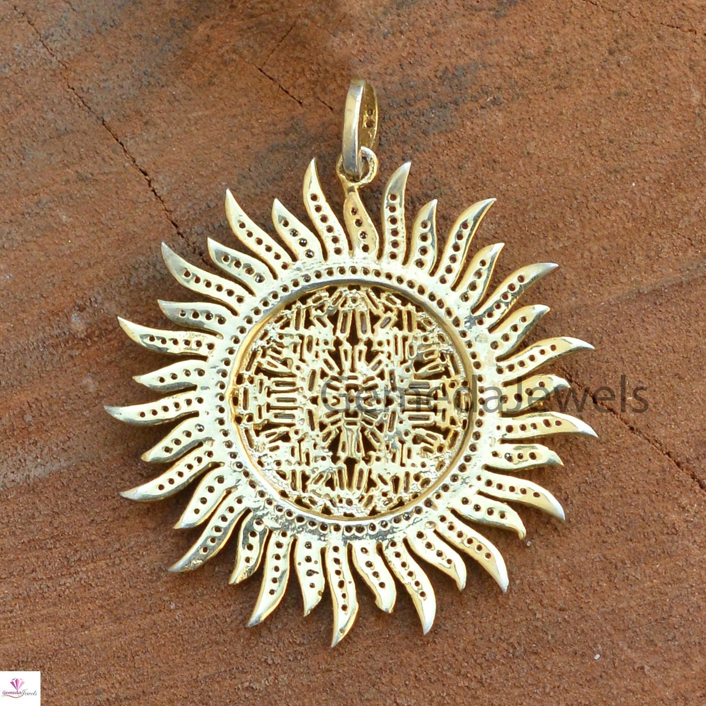 Natural Baguette Diamond Pendant, Ruby Gemstone Pave Diamond Jewelry, Sunflower Pendant Jewelry, Gold Vermeil 925 Silver Jewelry, 16" Chain