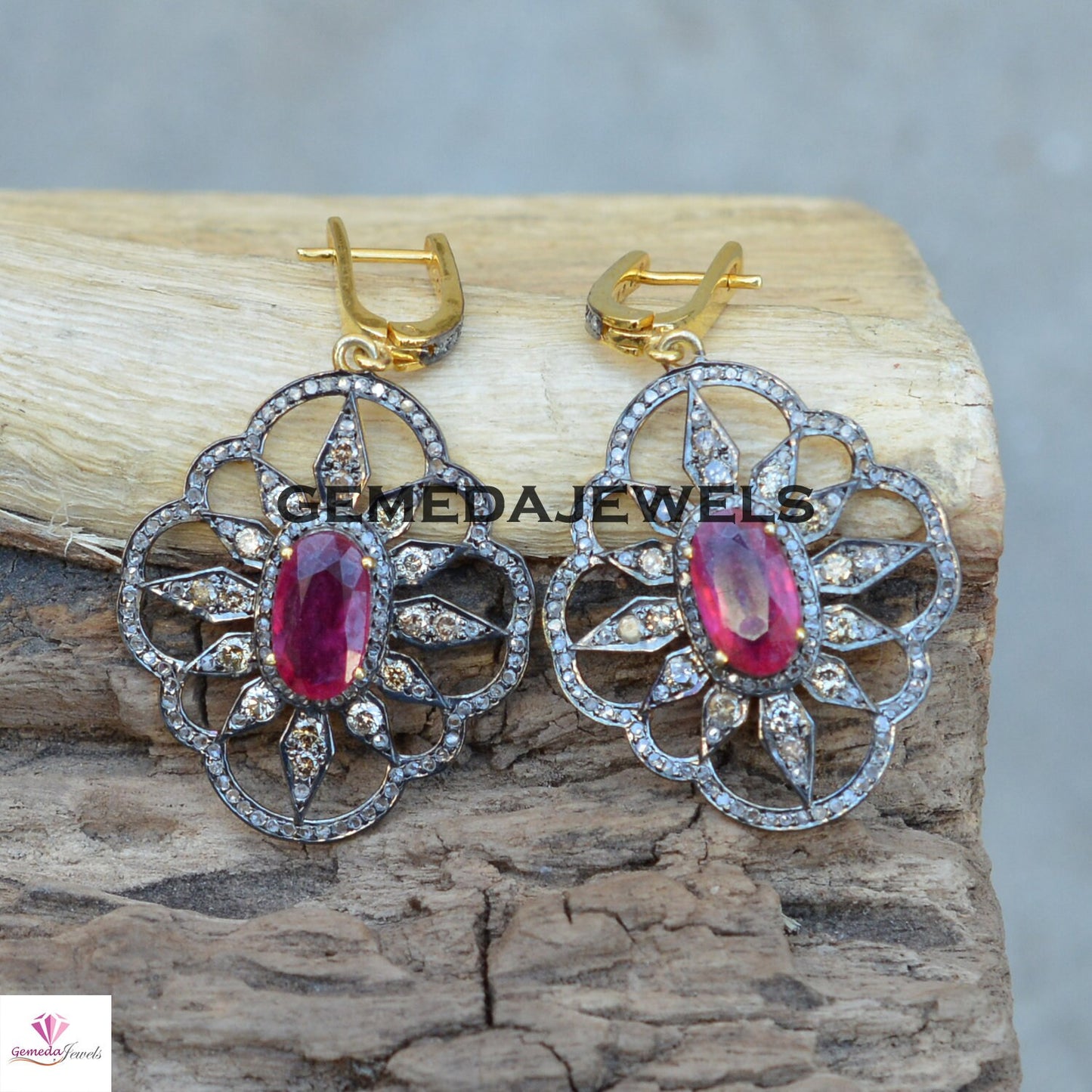 Ruby Flower Earrings, Pave Diamond Earring, 14k Gold Vermeil Jewelry, 925 Silver Earrings, Gemstone Silver Earrings, Wedding Gifts Jewelry