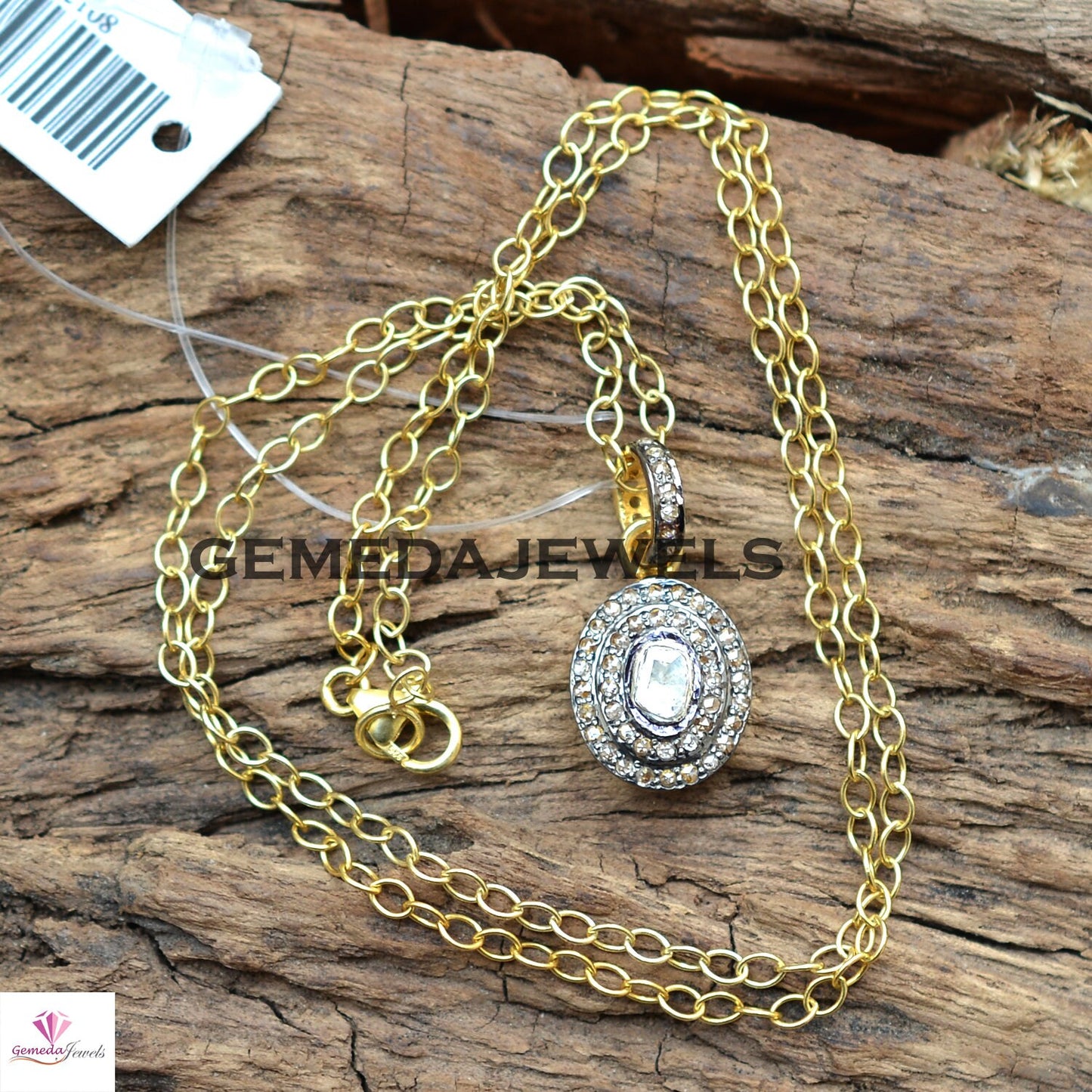 Oval Shape Polki Diamond Pendant, 925 Sterling Silver Pave Jewelry, 14k Gold Plated Jewelry, 16" Silver Link Chain Pendant Necklace, Gift