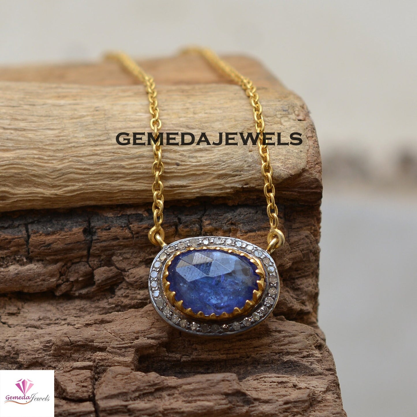 Tanzanite Charm Pendant, Pave Diamond Jewelry, Gemstone Necklace Jewelry, Yellow Gold Plated 20" Chain Necklace, 925 Silver Necklace, Gift