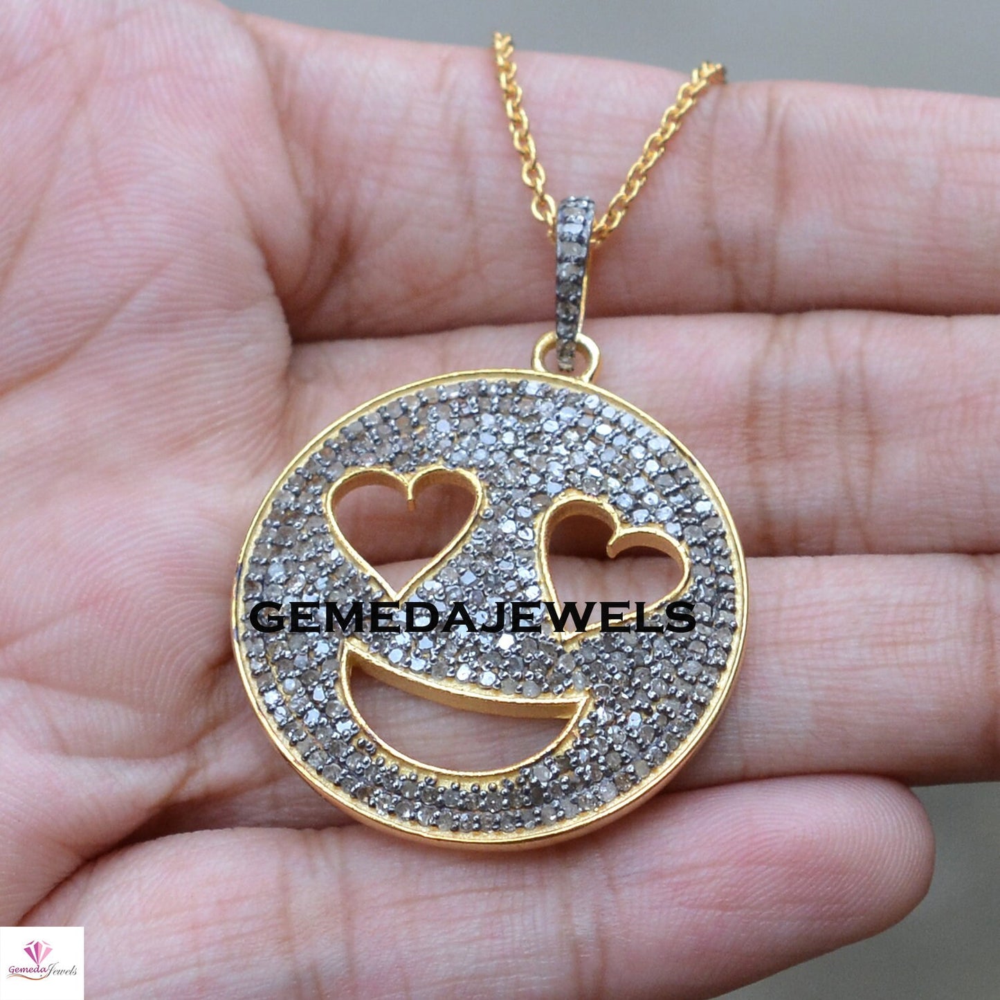 Pave Diamond Pendant, Smiley Silver Pendant, 925 Silver Jewelry, Gold Vermeil Pendant, Silver Diamond Pendant, 16" Chain Necklace, Gifts