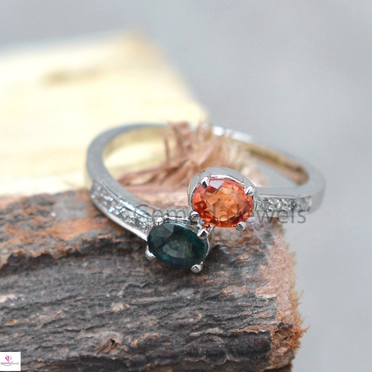 Genuine Blue Yellow Sapphire Ring, Oval Shape Faceted Gemstone Ring, Pave Diamond Silver Ring, Statement Ring, Valentine Day Gift For her