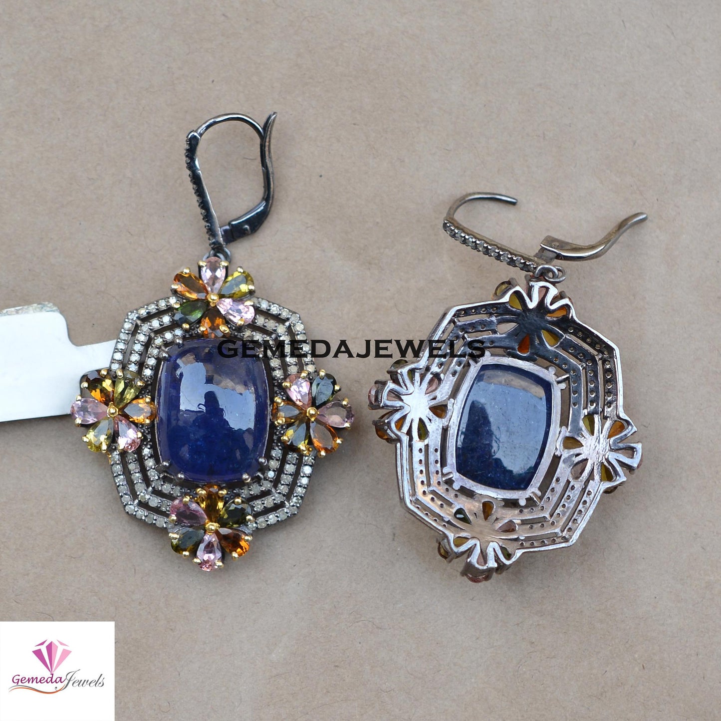 Natural Tanzanite Gemstone Jewelry Set, Tourmaline Gemstone Flower, Pave Diamond Silver Jewelry, Gemstone Ring Earrings Set, Wedding Jewelry