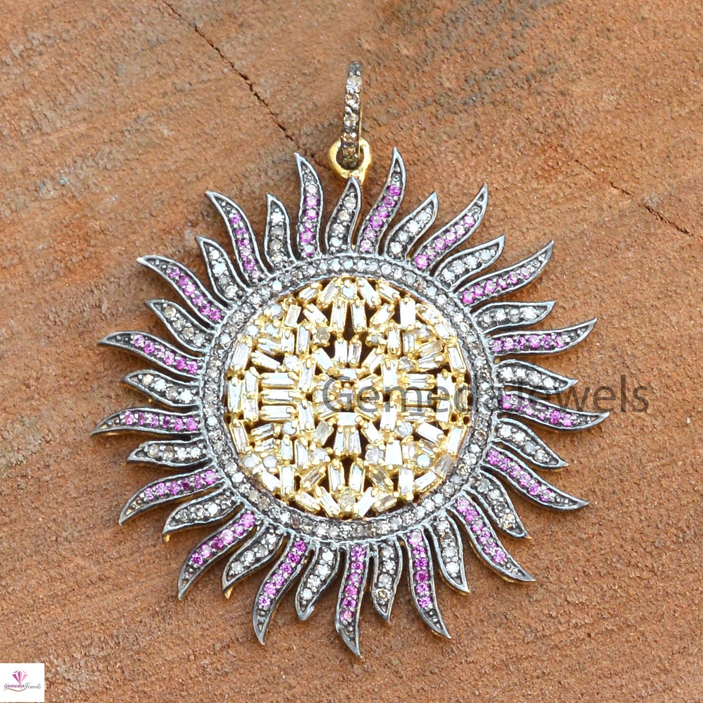 Natural Baguette Diamond Pendant, Ruby Gemstone Pave Diamond Jewelry, Sunflower Pendant Jewelry, Gold Vermeil 925 Silver Jewelry, 16" Chain