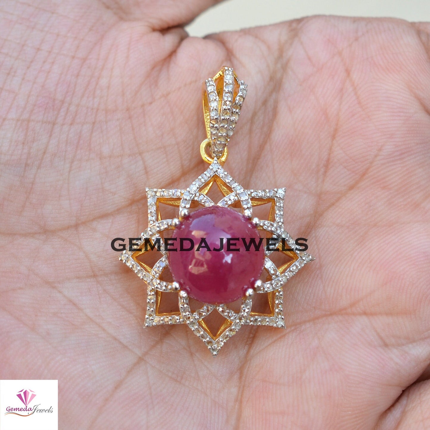 Dazzling Ruby Gemstone Pendant, 925 Silver Jewelry, 14k Gold Vermeil Pendant, Pave Diamond Jewelry, 16" Link Chain Pendant Necklace, Gift