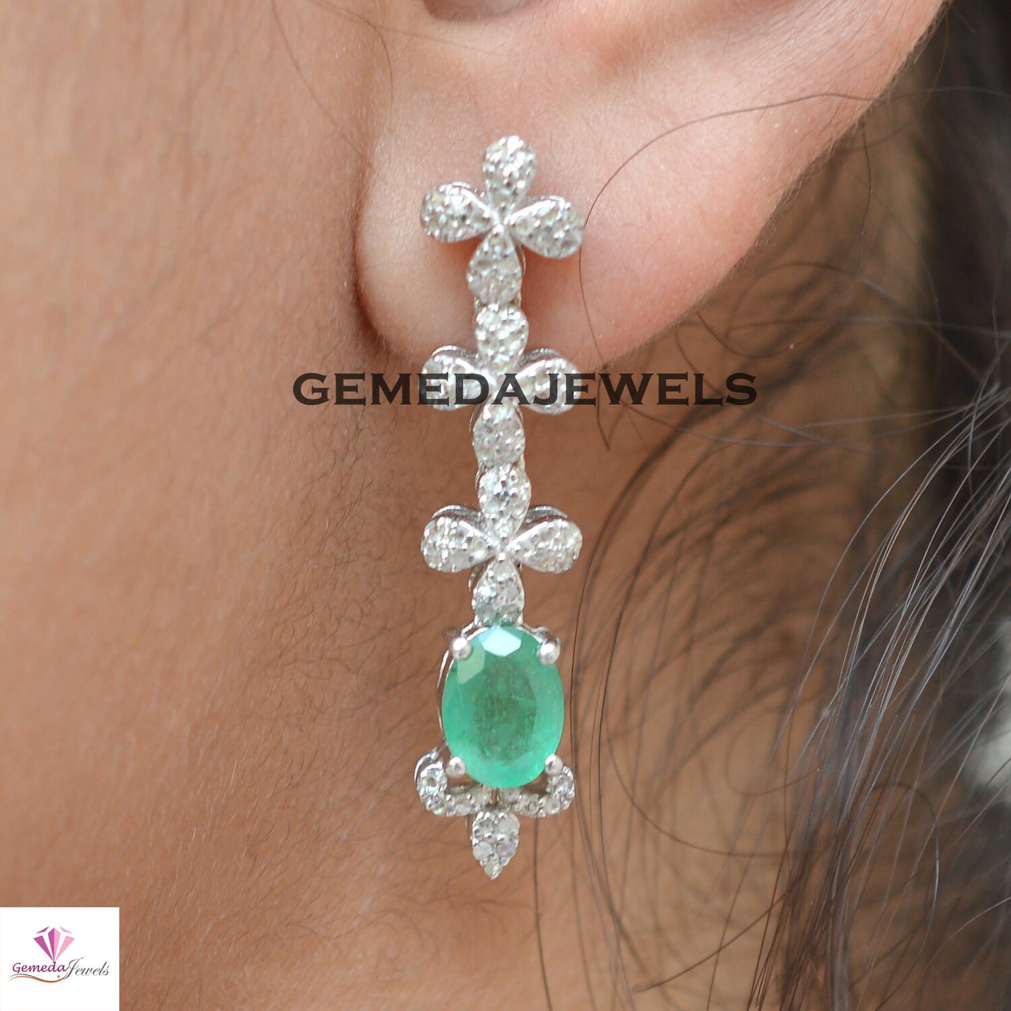 Beautiful Emerald Necklace, Pave Diamond Jewelry, Emerald Necklace Earrings Jewelry Set, 925 Silver Jewelry, 18" Necklace Earrings Set, Gift