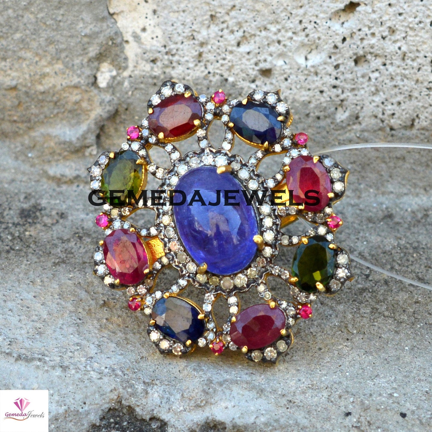 Sale! Real Tanzanite Silver Ring, Multi Gemstone Ring, Gemstone Floral Ring Jewelry, Pave Diamond Ring, 925 Silver Jewelry, Gold Filled Ring