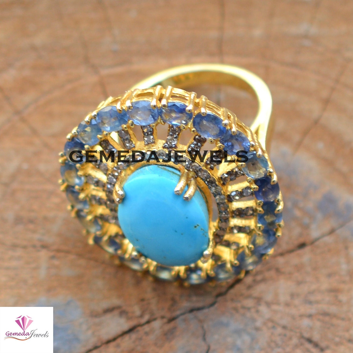 Blue Turquoise Silver Ring, Sapphire Gemstone Ring, Gemstone Flower Jewelry, Pave Diamond Ring, 925 Silver 14k Gold Plated Jewelry, Gifts