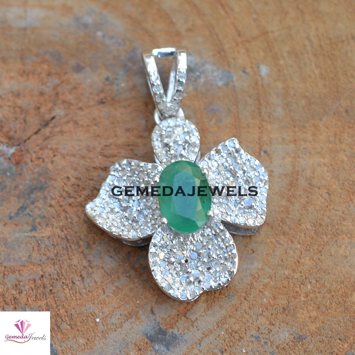Genuine Emerald Pendant, Pave Diamond Jewelry, 925 Sterling Silver Pendant, Flower Pendant Jewelry, 16" Link Chain Necklace Gemstone Jewelry