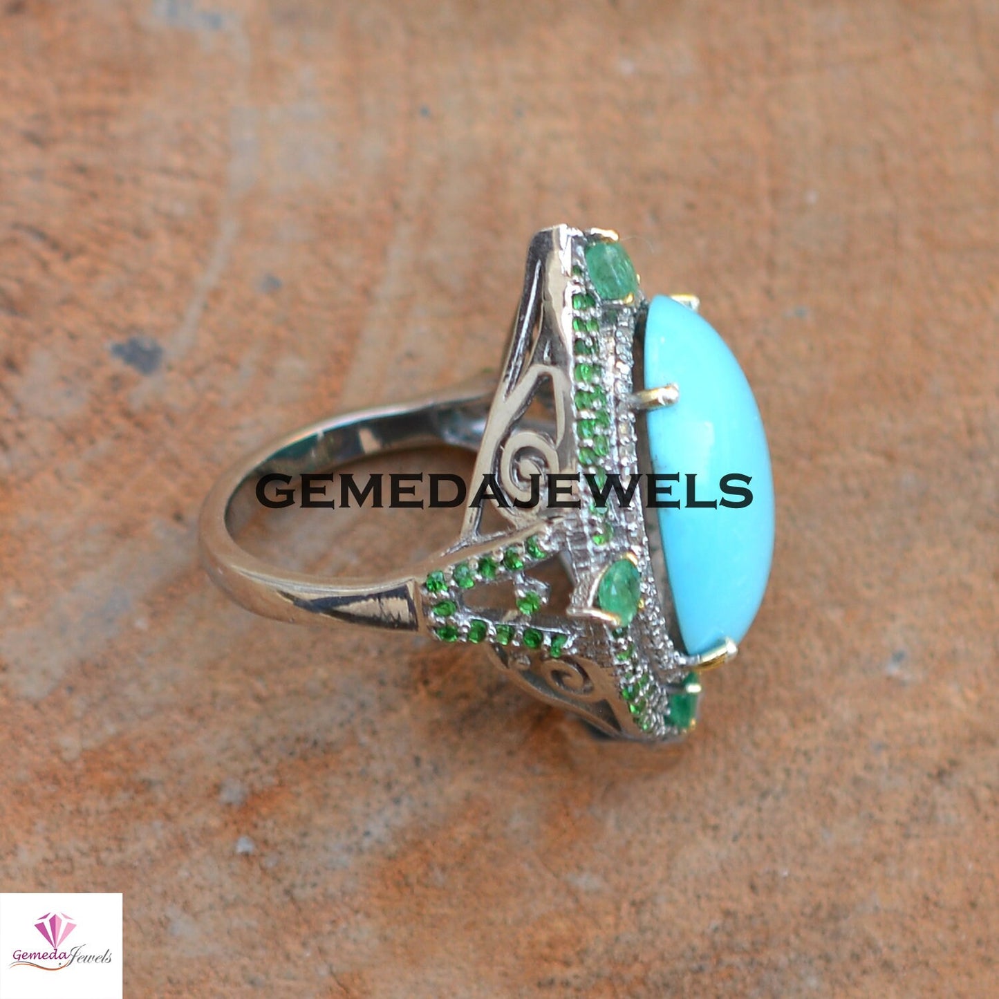 Stunning Blue Turquoise Ring, Pave Diamond Jewelry, Gemstone Diamond Ring, 925 Silver Ring Jewelry, Emerald Gemstone Ring, Wedding Jewelry