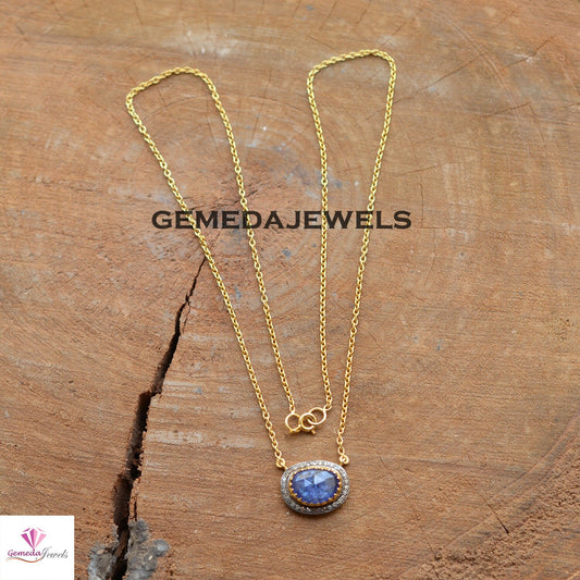 Tanzanite Charm Pendant, Pave Diamond Jewelry, Gemstone Necklace Jewelry, Yellow Gold Plated 20" Chain Necklace, 925 Silver Necklace, Gift