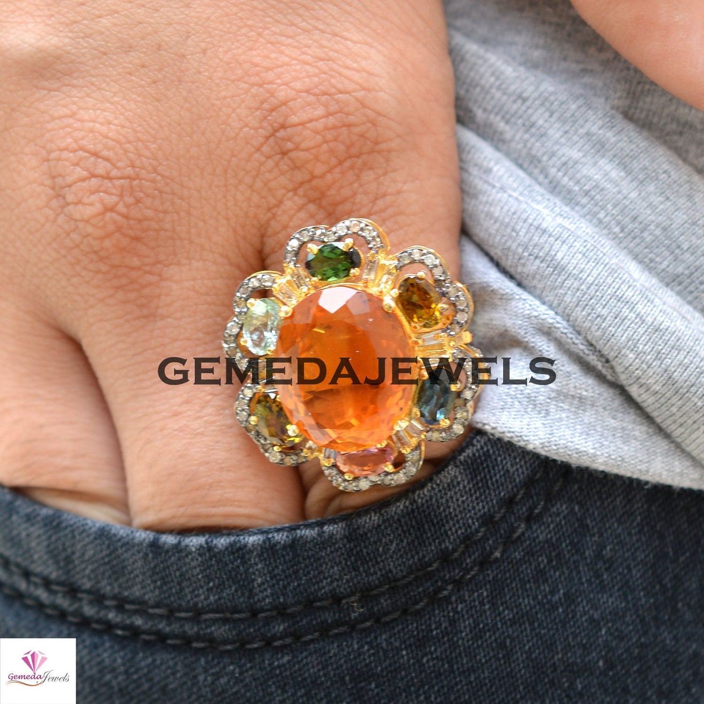 Gorgeous Citrine Silver Ring, Multi Gemstone Jewelry, 925 Silver Ring, Pave Diamond Jewelry, Yellow Gold Vermeil Ring, Gift For Anniversary