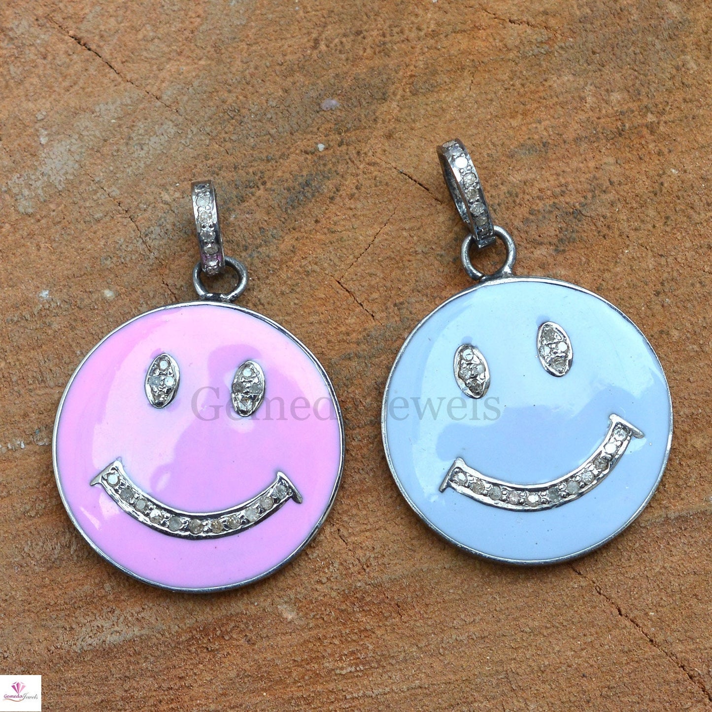 Pink Blue Enamel Pendant, 925 Silver Jewelry, Smiley Face Pendant Jewelry, Pave Diamond Charm Pendant, 16" Chain Necklace, Unisex Pendant