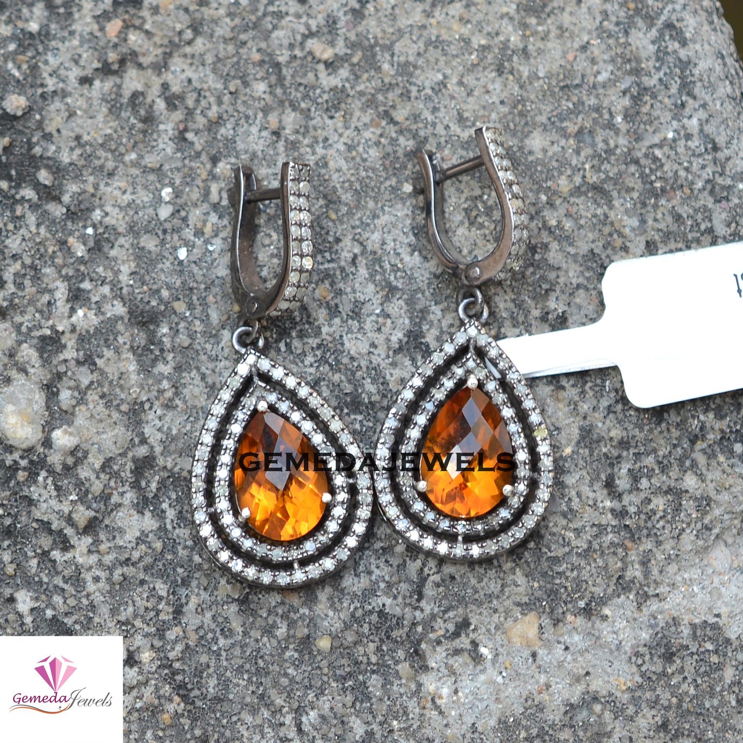 Sale!! Stunning Citrine Gemstone Earrings, Oxidized 925 Silver Jewelry, Pave Diamond Earrings, Gemstone Jewellery, Women's Gift Jewelry