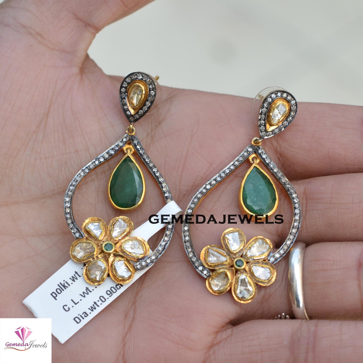 Gorgeous Emerald Earrings, Polki Diamond Flower Earring, Pave Diamond Jewelry, 925 Silver Earrings, Gold Vermeil Jewelry, Women's Jewelry