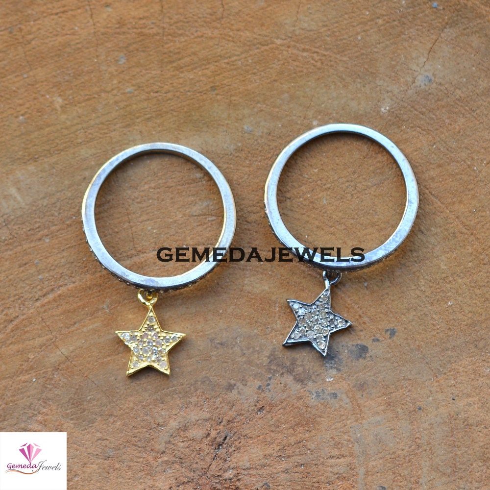 Pave Diamond Band Ring, Star Connector Band Ring, Gold Plated Star Jewelry, Rhodium Plated Star Ring, 925 Silver Jewelry, Minimalist Jewelry