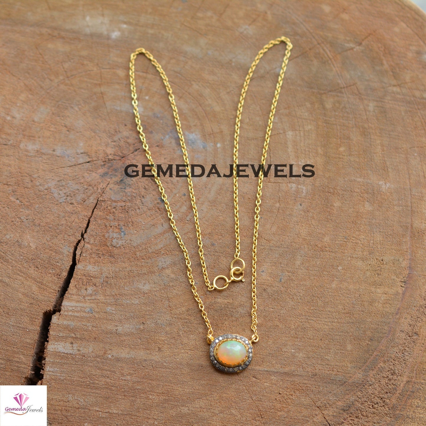 Genuine Opal Gemstone Charm Pendant, 925 Silver Pendant, Pave Diamond Jewelry, 14k Gold Plated 18" Link Chain Necklace, Gemstone Jewelry