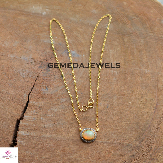 Genuine Opal Gemstone Charm Pendant, 925 Silver Pendant, Pave Diamond Jewelry, 14k Gold Plated 18" Link Chain Necklace, Gemstone Jewelry