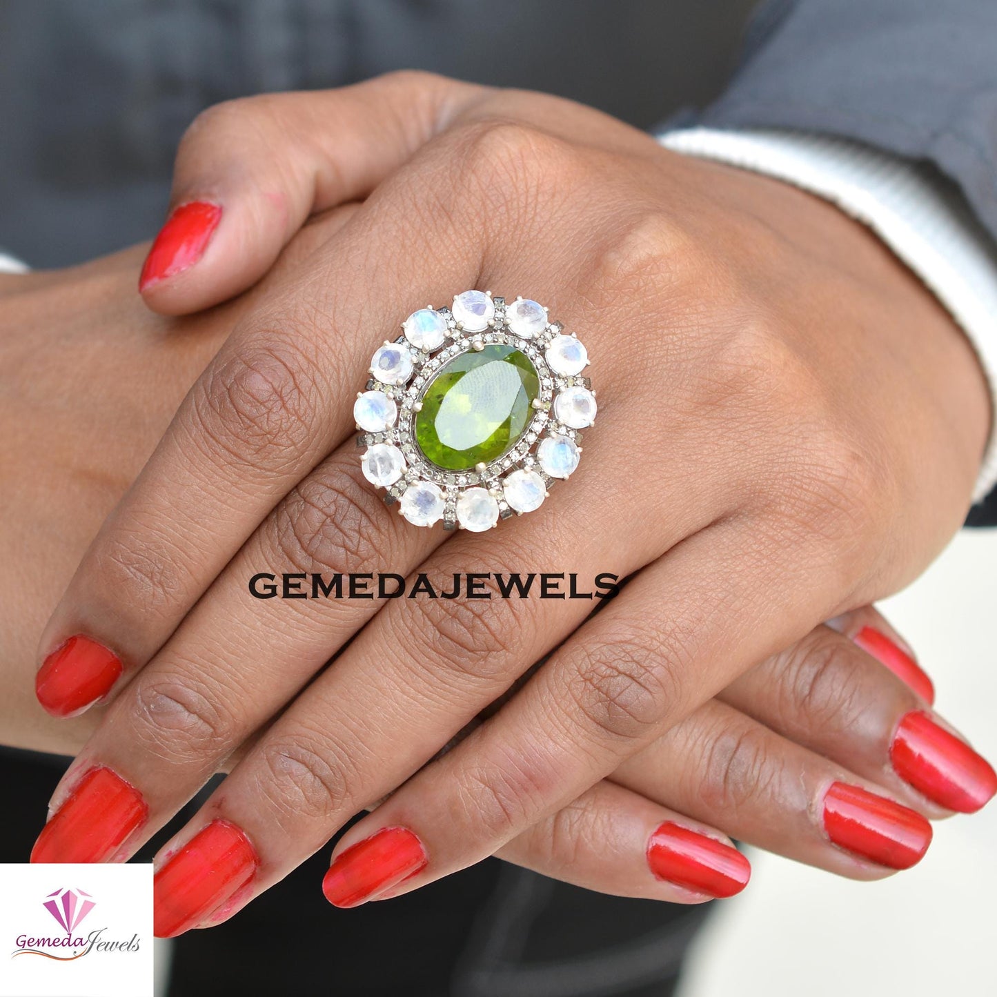 Sale! Green Peridot Gemstone Ring, Moonstone 925 Silver Ring, Pave Diamond Jewelry, Gemstone Diamond Ring, Flower Ring Jewelry, Gift For Her