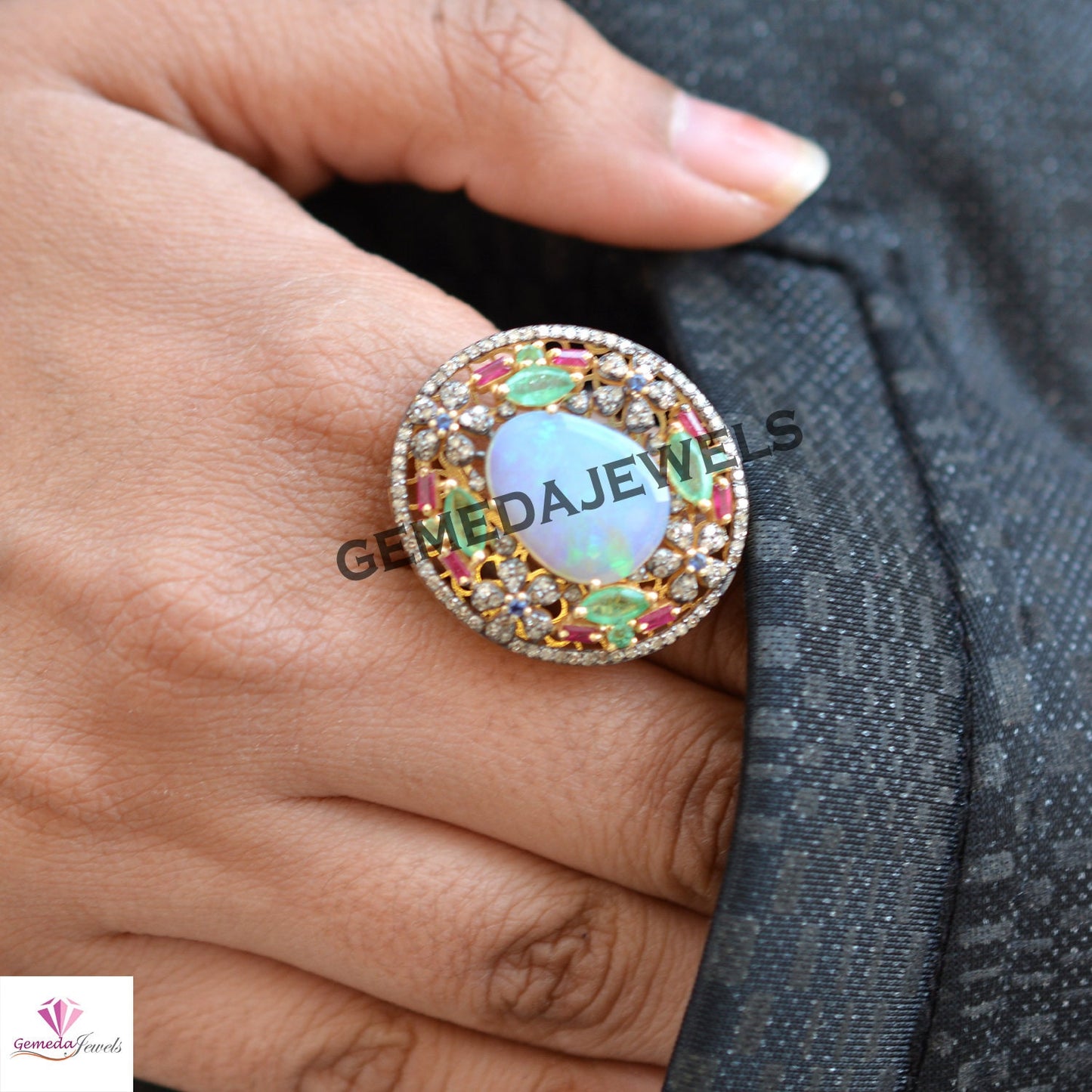 Opal Slice Gemstone Ring, Diamond Flower 925 Silver Ring, Emerald Gemstone Jewelry, 14k Gold Vermeil Ring, Ruby Gemstone Ring, Gifts For Her