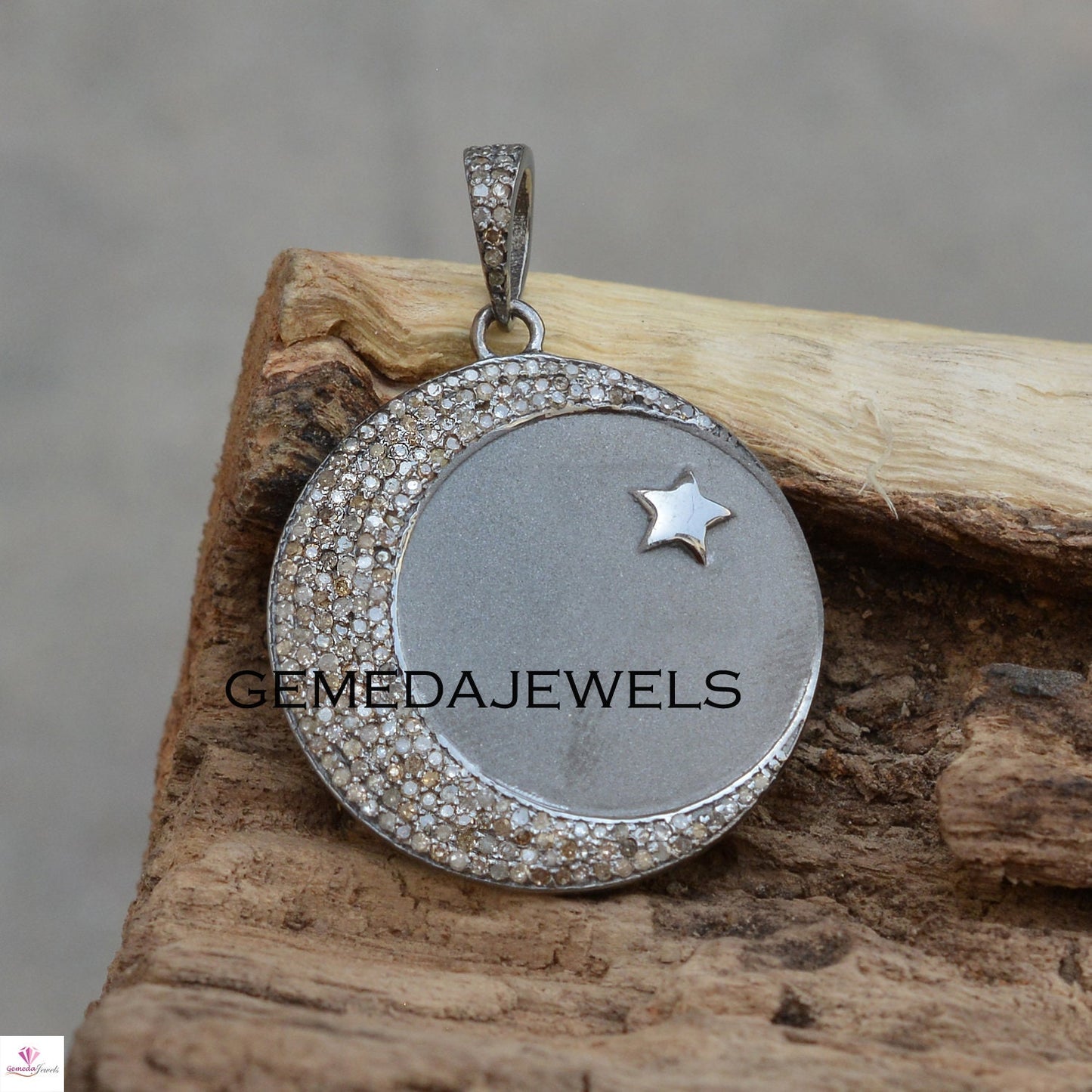 Pave Diamond Pendant, Diamond Crescent Moon Charm Pendant, 925 Silver Star Jewelry, Diamond Necklace, 16" Silver Chain, Wedding Jewelry