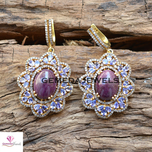 Sale! Classic Ruby Gemstone Earrings, Pave Diamond Jewelry, Sapphire Gemstone Earring, 14k Gold Vermeil 925 Silver Jewelry, Mothers Day Gift