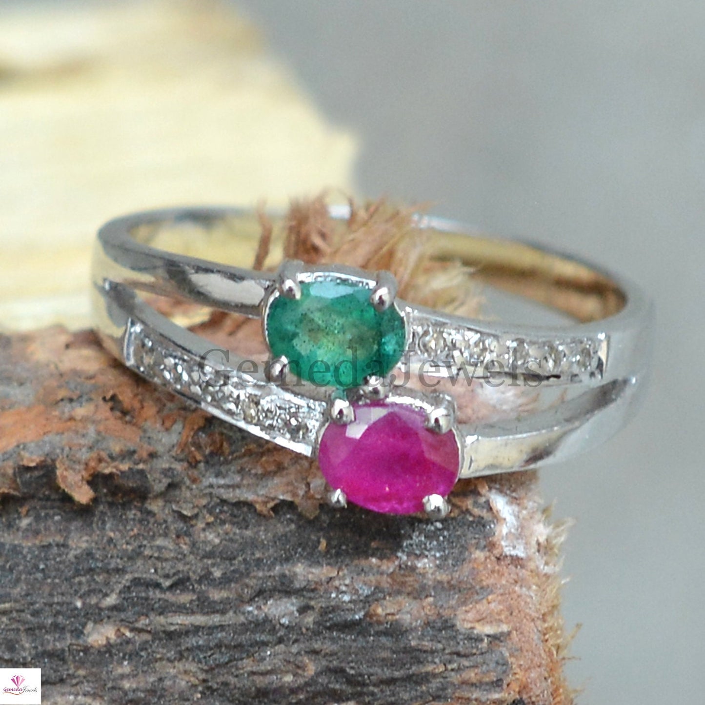 Emerald Ruby Gemstone Silver Ring, Pave Diamond Ring, 925 Sterling Silver Jewelry, Gemstone Ring Jewelry, Engagement Ring, Stacking Ring