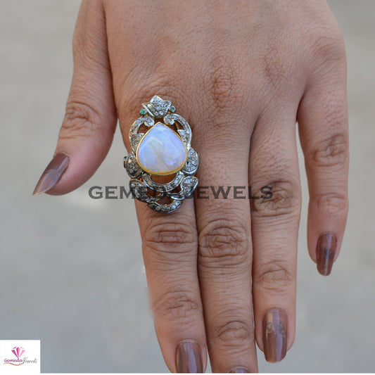 Rainbow Moonstone Ring, Pave Diamond Ring, Gemstone Ring Jewelry, Moonstone Diamond Ring, 925 Silver Jewelry, 14k Gold Plated Ring, Gifts