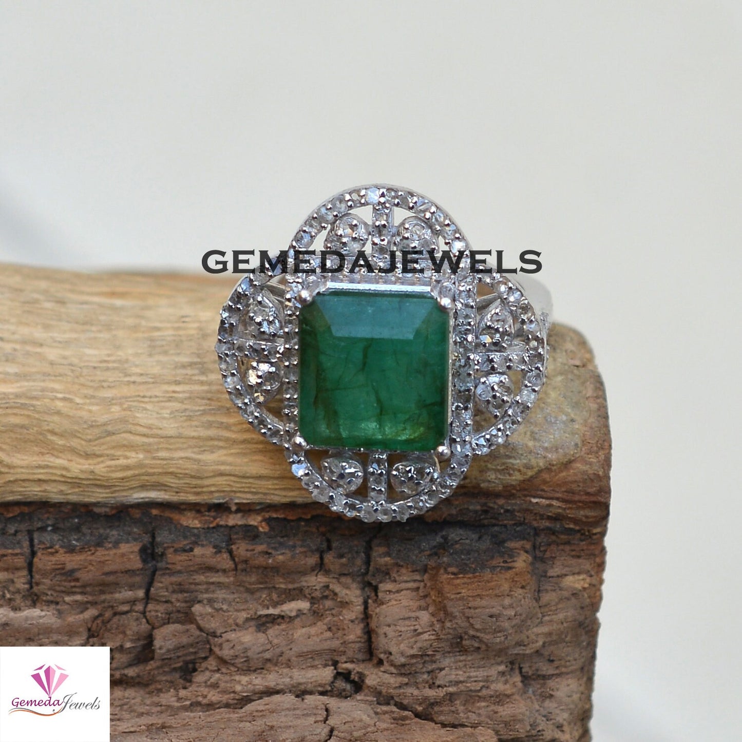 Emerald Gemstone Ring, Pave Diamond Jewelry, Diamond 925 Silver Ring, Sterling Silver Jewelry, Gemstone Diamond Ring, Wedding Gift Jewelry