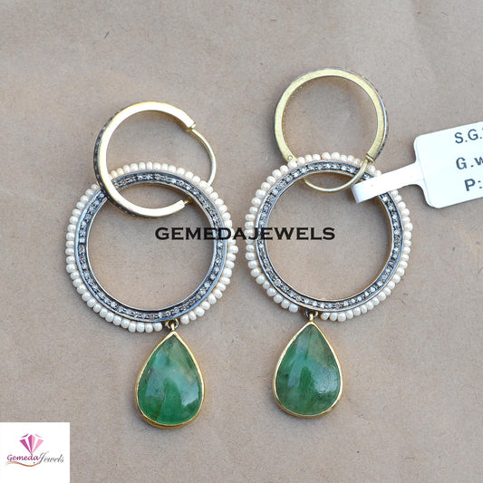 Sale! Classic Emerald Gemstone Earrings, TWO IN-ONE Earrings, Pearl Gemstone Jewelry, Pave Diamond Earrings, Designer Earrings, Gift For Her