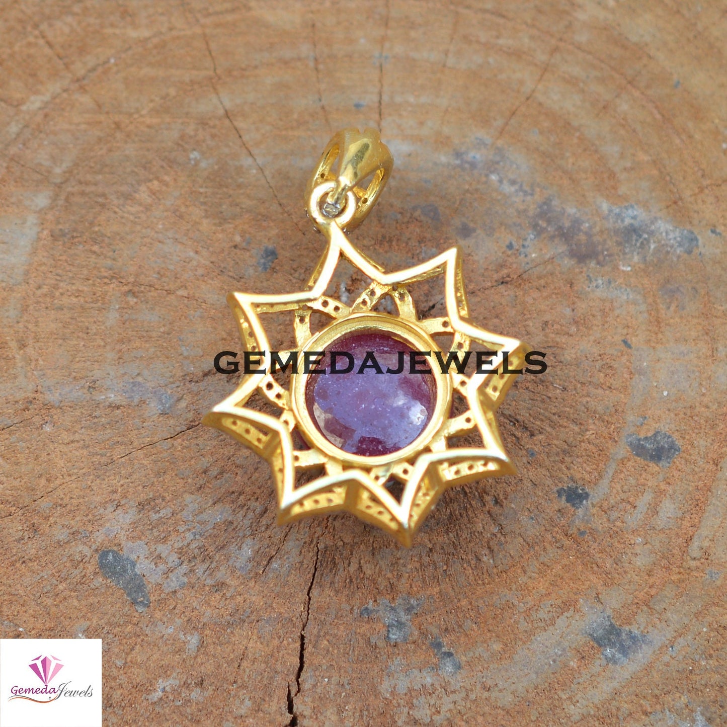 Dazzling Ruby Gemstone Pendant, 925 Silver Jewelry, 14k Gold Vermeil Pendant, Pave Diamond Jewelry, 16" Link Chain Pendant Necklace, Gift