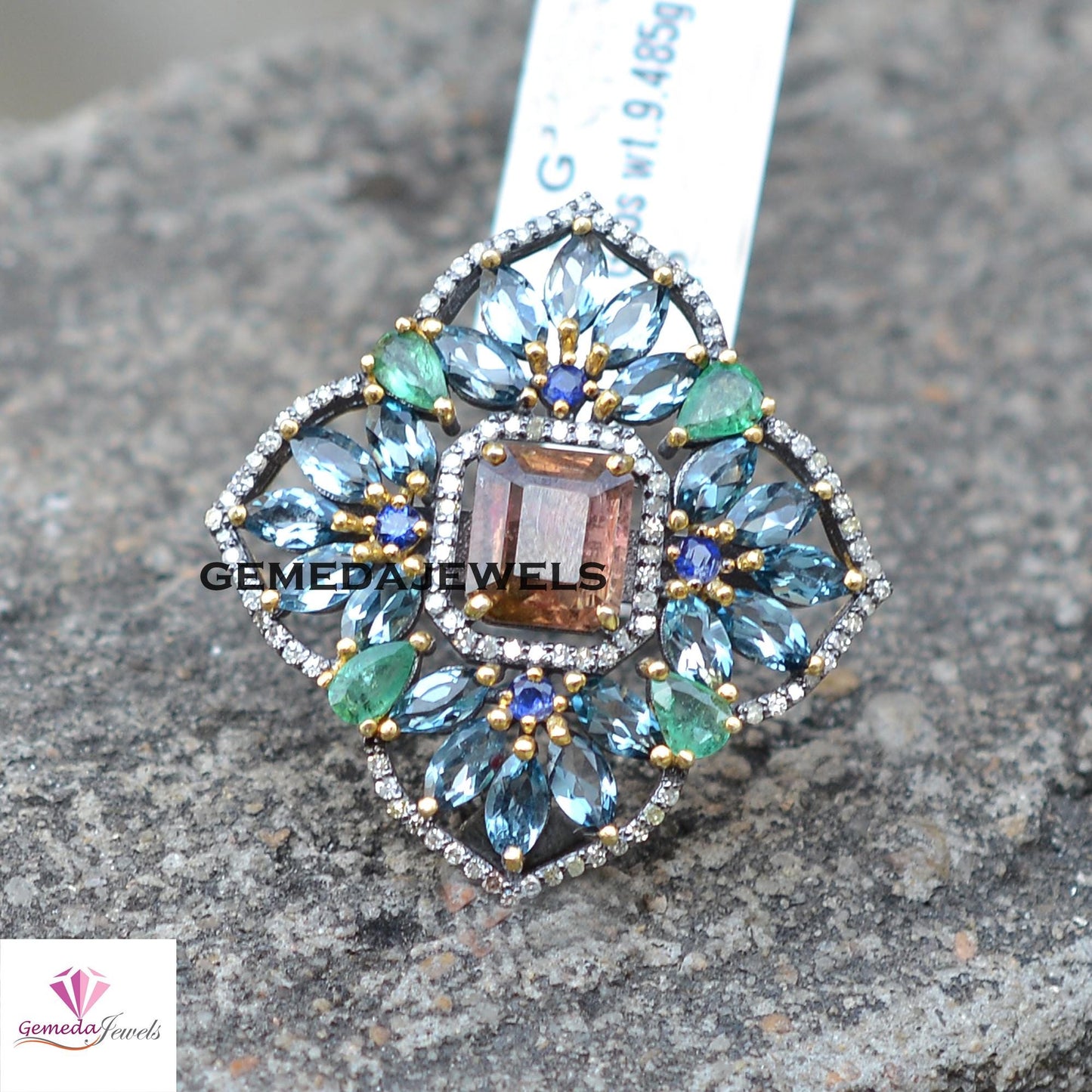 Tourmaline Flower Ring, Emerald 925 Silver Ring, Pave Diamond Jewelry, Sapphire Gemstone Ring, Rhodium Plated Jewelry, Valentine's Day Gift