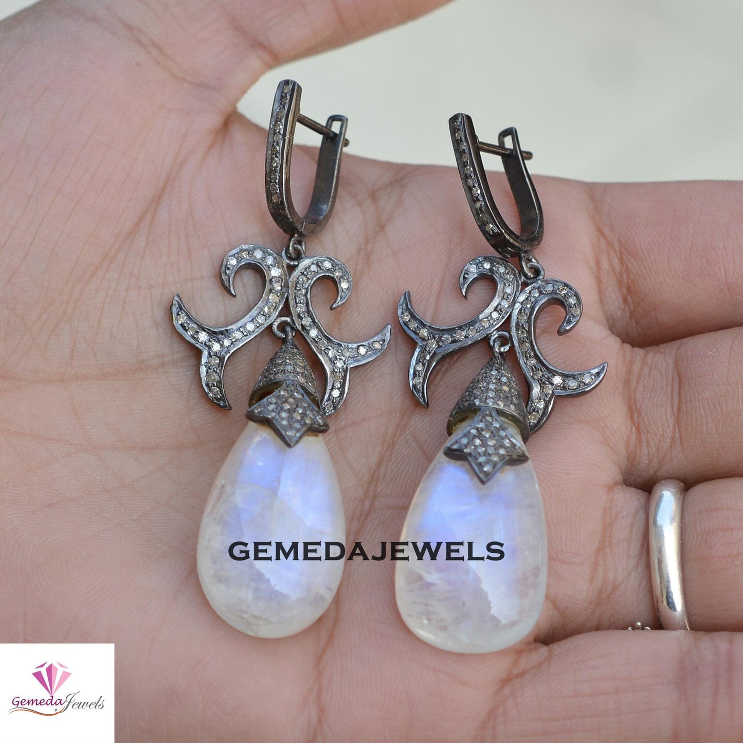 Sale!! Moonstone Gemstone Earrings, Pave Diamond Jewelry, Drop Dangle Designer Earring, Rhodium Plated 925 Silver Jewelry, Gift For Her