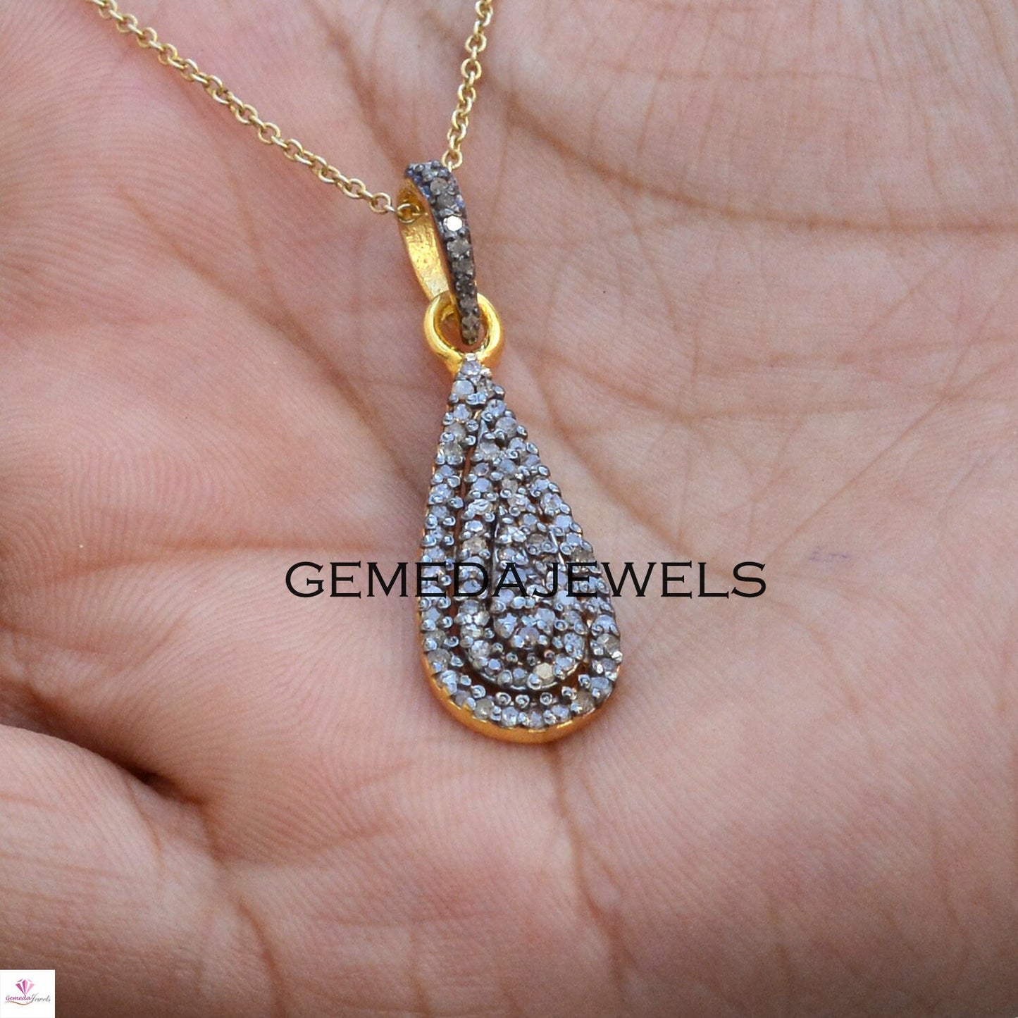 Pave Diamond Charm Pendant, Solid 925 Sterling Silver Jewelry, 14k Gold Vermeil Pendant, 16" Silver Link Chain Necklace, Minimalist Jewelry