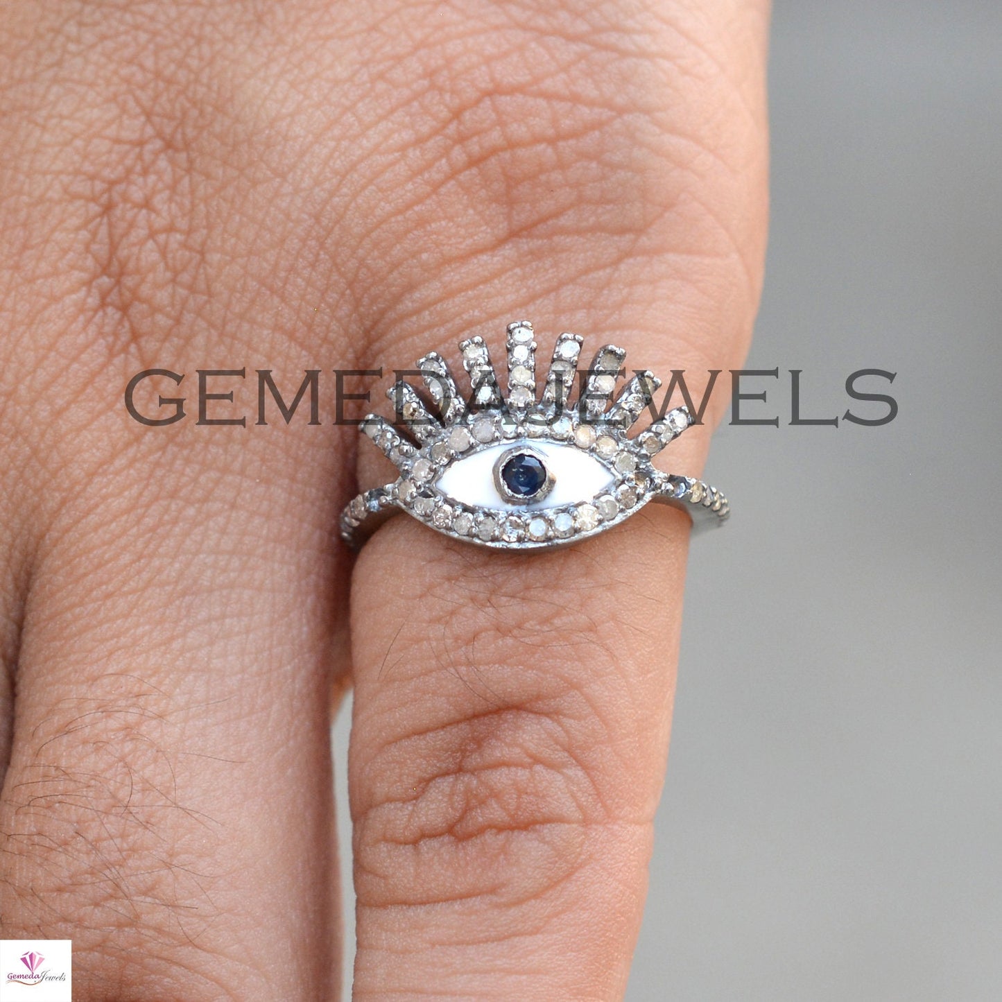 Blue Sapphire Ring, Pave Diamond Evil Eye Ring, 925 Silver Jewelry, Gemstone Diamond Ring, Stacking Ring, Minimalist Jewelry, Birthday Gift