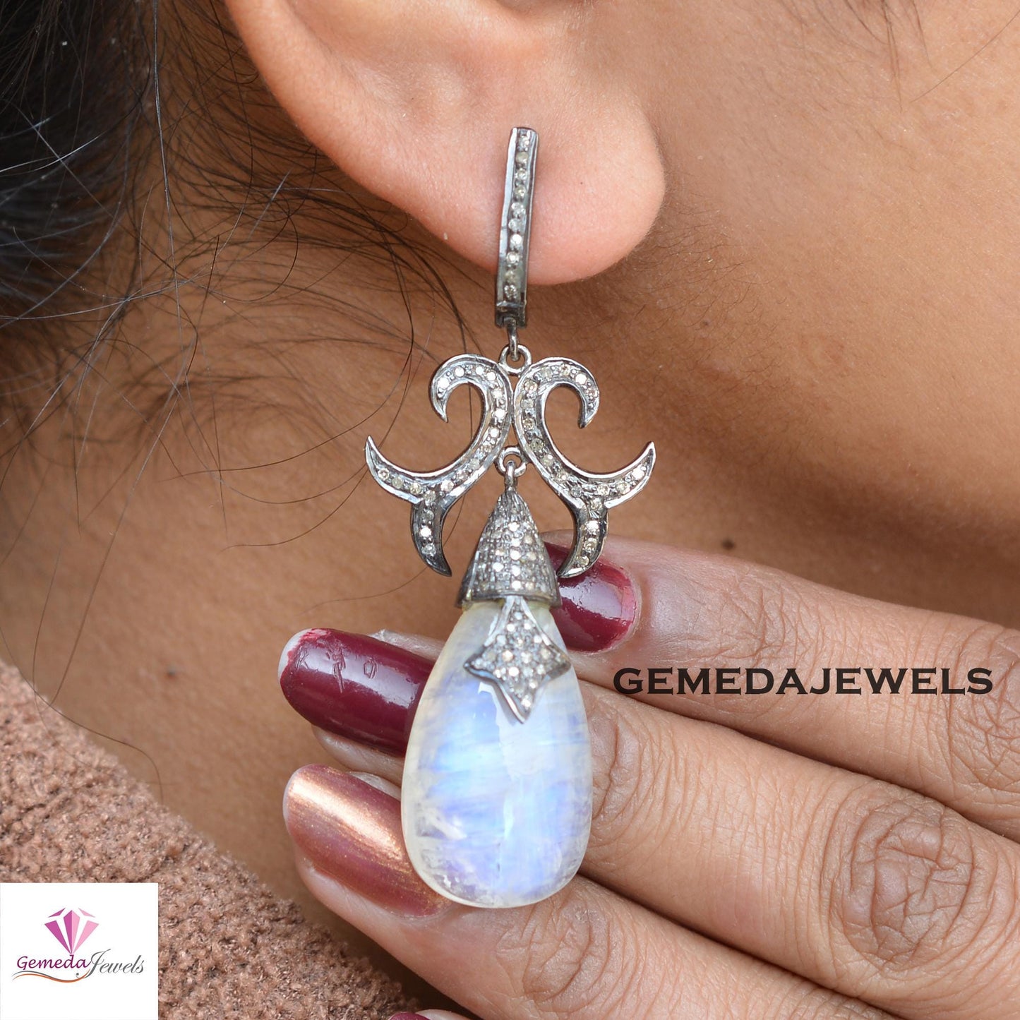 Sale!! Moonstone Gemstone Earrings, Pave Diamond Jewelry, Drop Dangle Designer Earring, Rhodium Plated 925 Silver Jewelry, Gift For Her