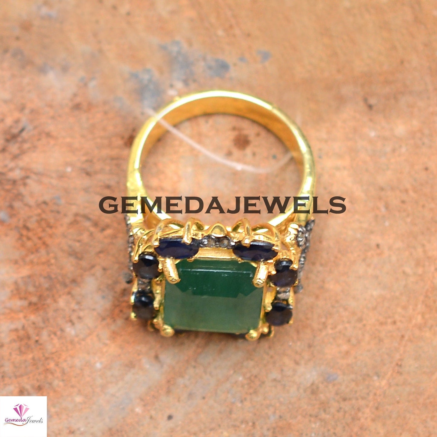 Genuine Emerald Ring, Blue Sapphire Gemstone Ring, Pave Diamond Jewelry, 925 Silver Ring Jewelry, Gold Vermeil Ring, Statement Ring, Gifts