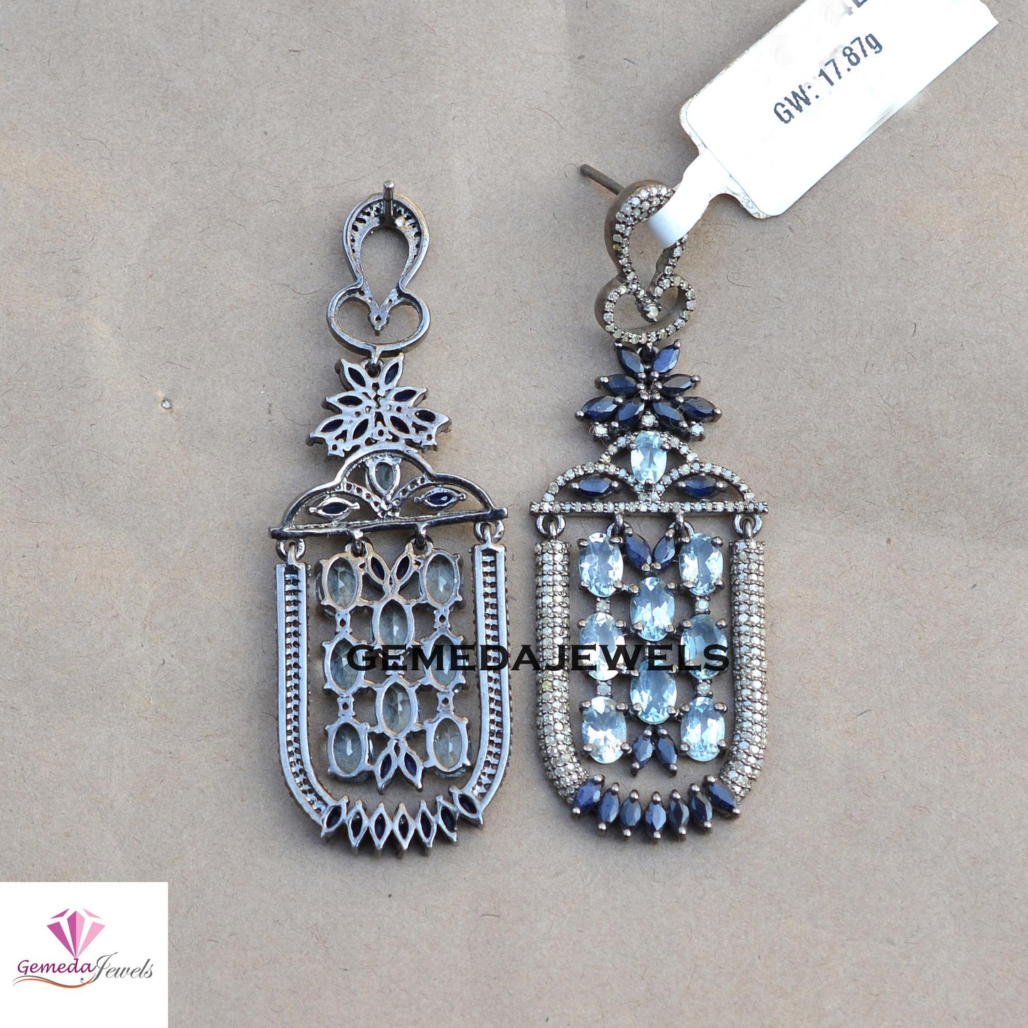 Sale Blue Topaz Designer Earrings, Sapphire Gemstone Jewelry, Rhodium Plated 925 Silver Earring, Pave Diamond Earrings, Women's Gift Jewelry