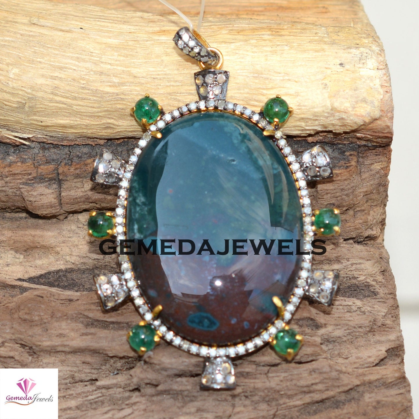 Beautiful Jasper Gemstone Pendant, Emerald Pendant, Pave Diamond Jewelry, 925 Silver Jewelry, 14k Gold Vermeil Pendant, 16" Chain Necklace