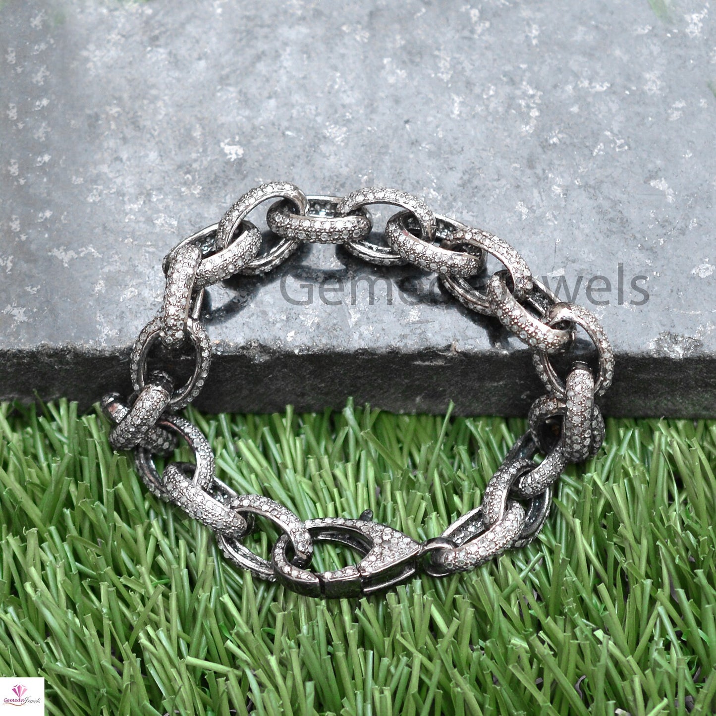 5.10cts Pave Diamond Bracelet, Diamond Silver Link Chain Bracelet, Lobster Clasp Lock Bracelet, Sterling Silver Jewelry, Unisex Gift Jewelry