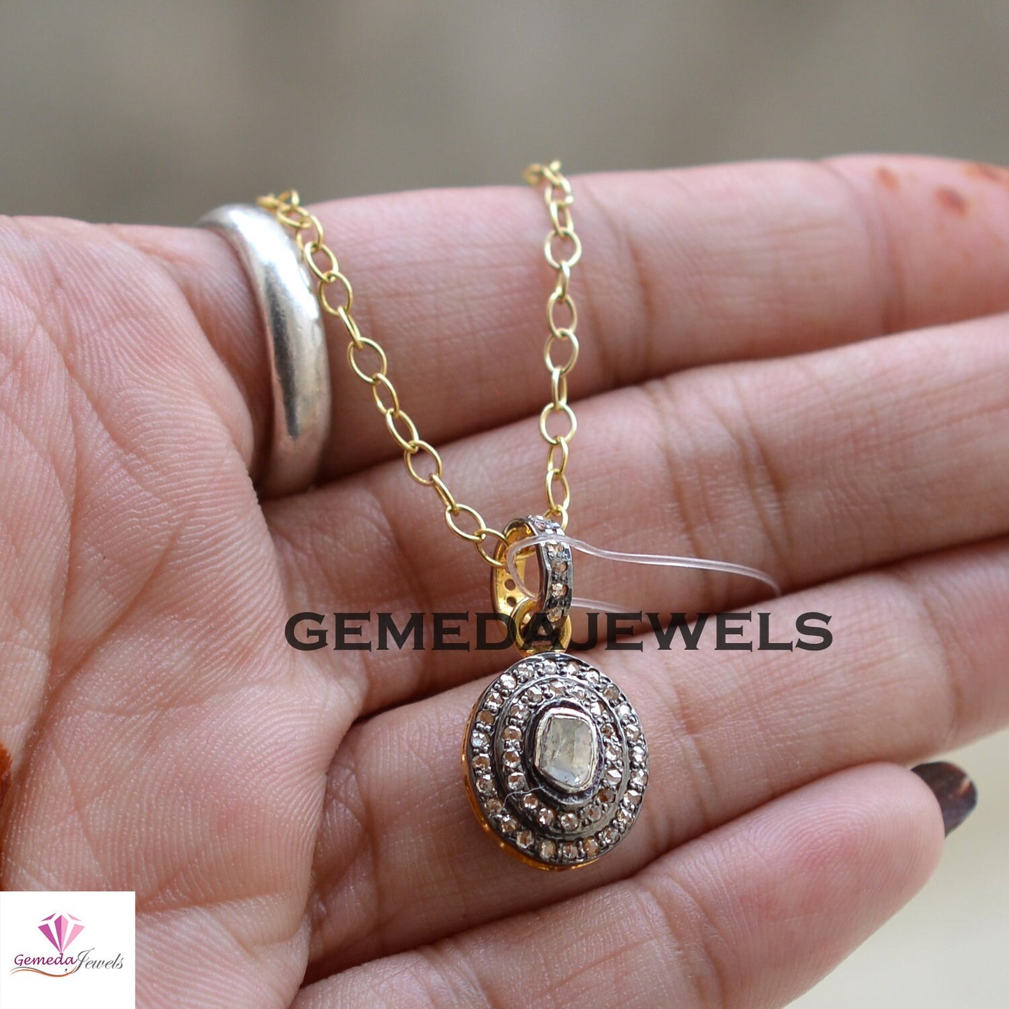 Oval Shape Polki Diamond Pendant, 925 Sterling Silver Pave Jewelry, 14k Gold Plated Jewelry, 16" Silver Link Chain Pendant Necklace, Gift