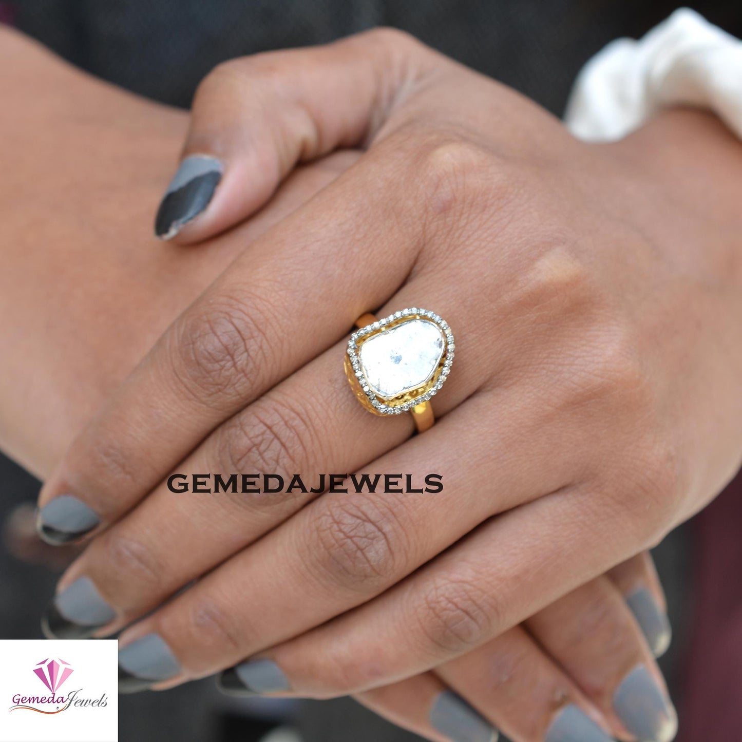 Classic Polki Diamond Ring, 925 Sterling Silver Jewelry, 14k Gold Plated Ring, Pave Diamond Ring, Diamond Jewellery, Valentine's Day Gift