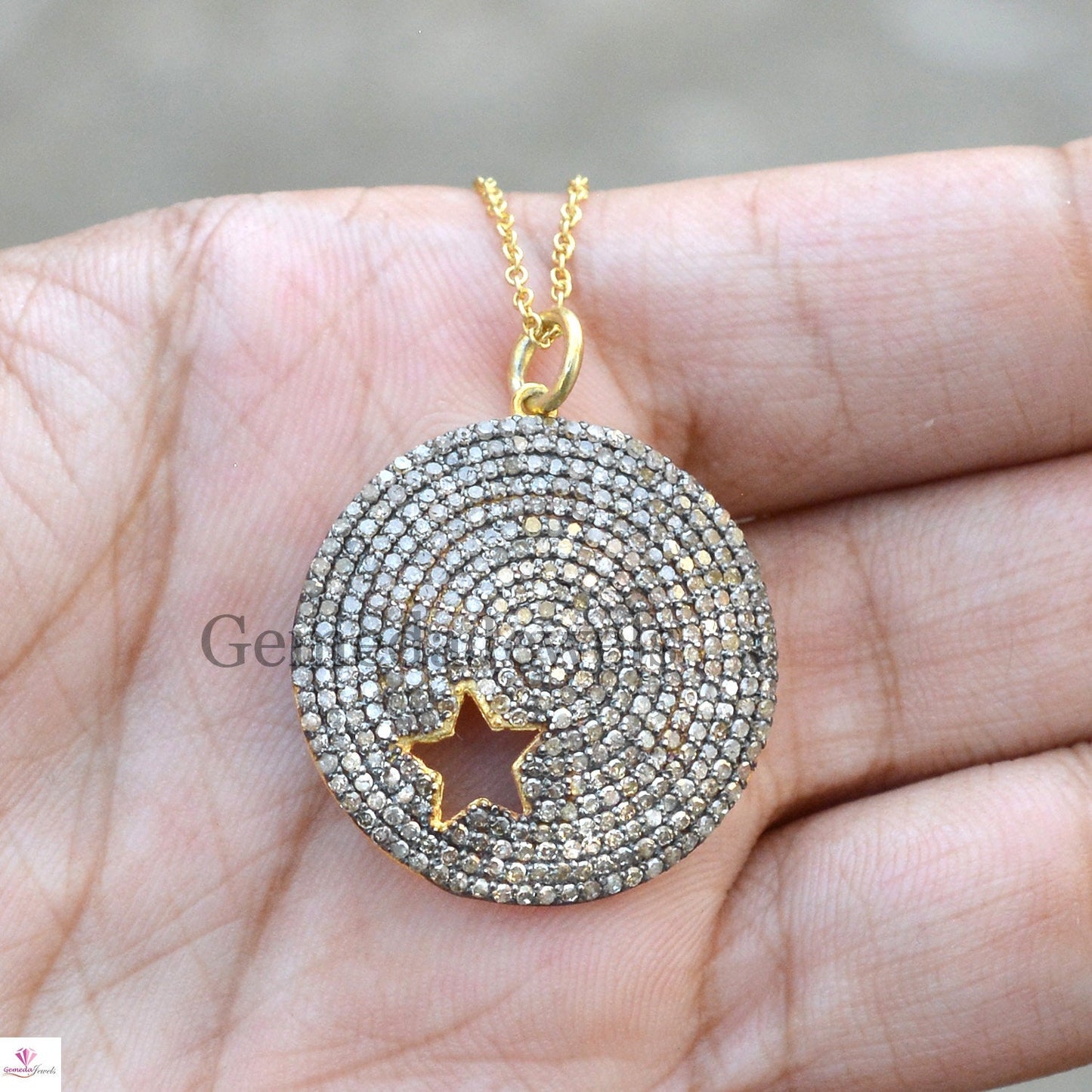 Gold Vermeil Pendant Jewelry, Pave Diamond Star Pendant, Pendant Necklace Jewelry, Oxidized 925 Silver Pendant, 16" Link Chain Size 30x25 MM