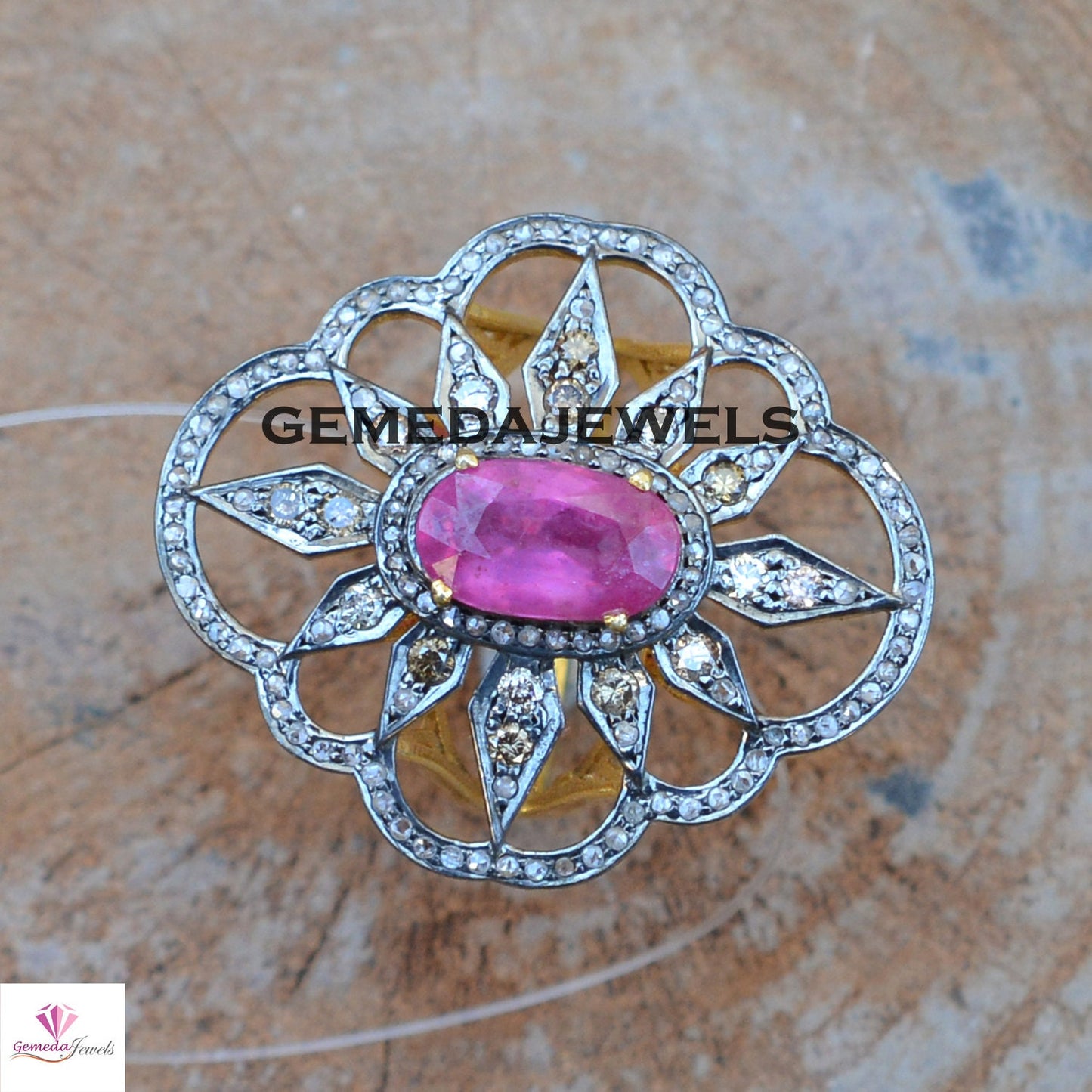 Ruby Gemstone Ring, Diamond Flower Ring, 925 Silver Jewelry, Gemstone Silver Jewelry, Gold Vermeil Ring, Gemstone Floral Ring, Gift For Her